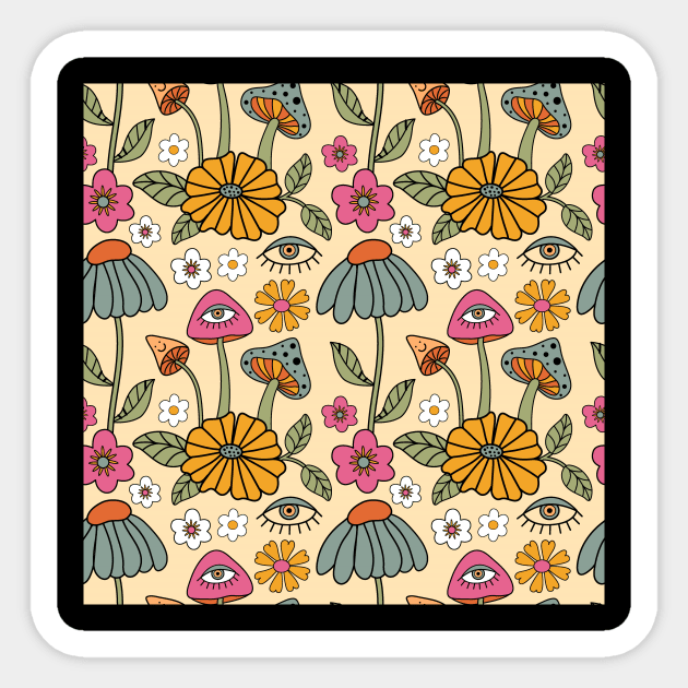 Retro Floral Mushrooms Pattern Sticker by The WYLD Tribe
